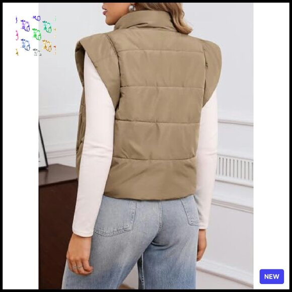 Cropped Puffer Vest Cap Sleeve Zip Up Quilted Gilet Winter Outerwear Chic - Picture 4 of 8